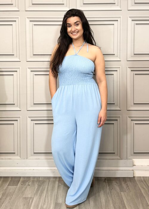 Elasticated Bust Plain Jumpsuit with Straight Wide Legs