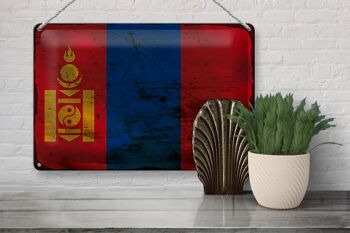 Panneau en étain drapeau Mongolie 30x20cm, drapeau de la Mongolie rouille 3