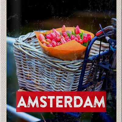 Cartel de chapa de viaje, 20x30cm, Retro, Amsterdam, tulipanes, bicicleta