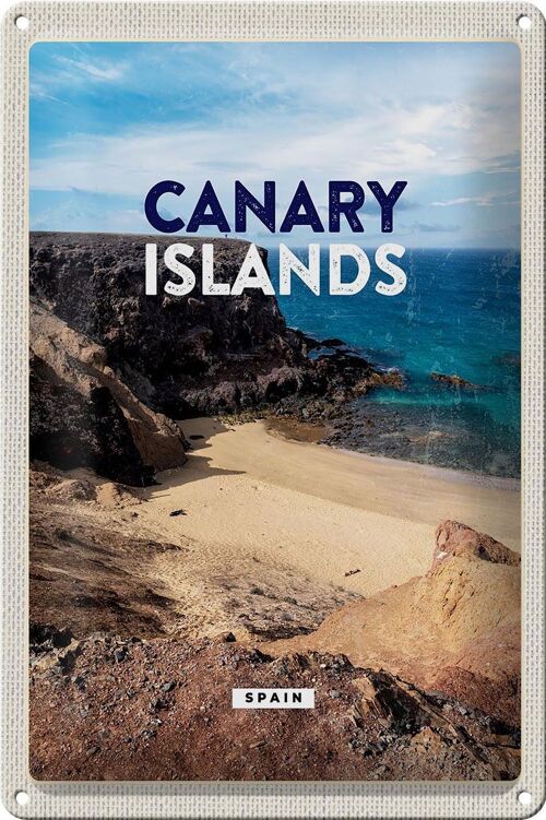 Blechschild Reise 20x30cm Canary Islands Bucht Klippen Meer Sand