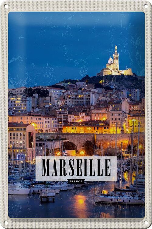 Blechschild Reise 20x30cm Retro Marseille France Panorama Nacht