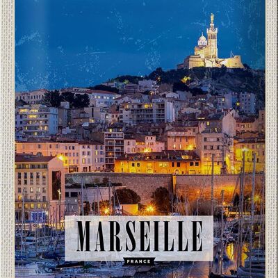 Cartel de chapa de viaje 20x30cm Retro Marsella Francia Panorama Noche