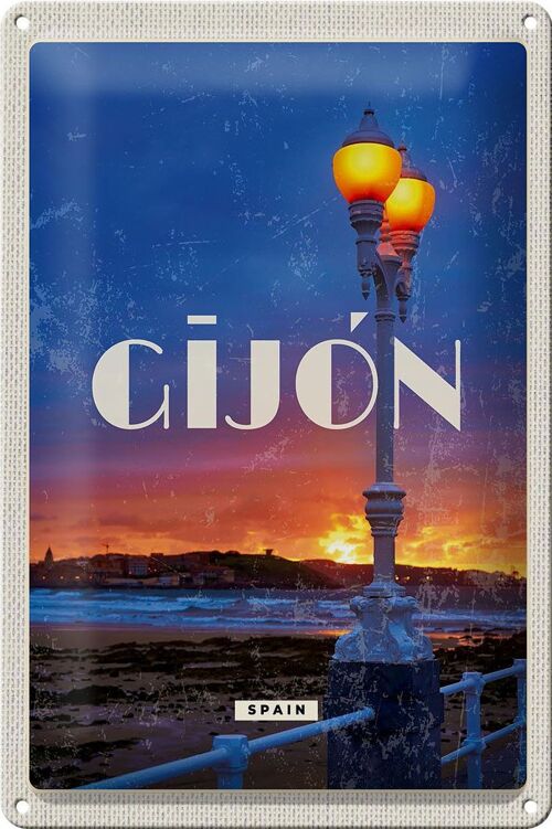 Blechschild Reise 20x30cm Gijon Spain Sonnenuntergang Meer