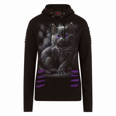 CATTITUDE - Ripped Hoody mit großer Kapuze Lila-Schwarz