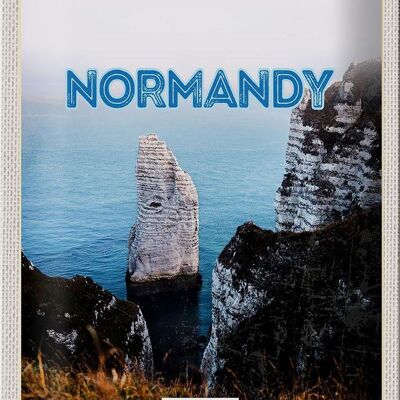 Cartel de chapa viaje 20x30cm Normandía Francia mar de rocas blancas