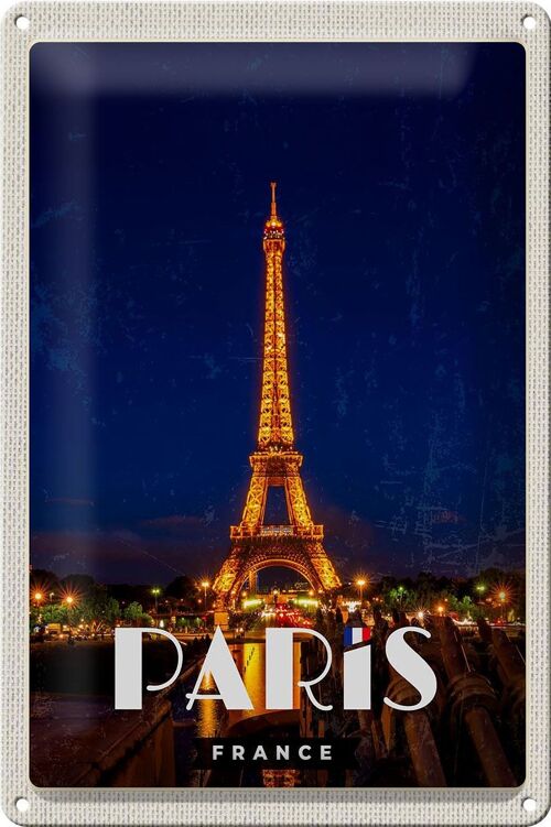 Blechschild Reise 20x30cm Paris France Eiffelturm Nacht Lichter