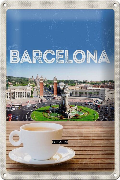 Blechschild Reise 20x30cm Barcelona Spain Panorama Bild Kaffee
