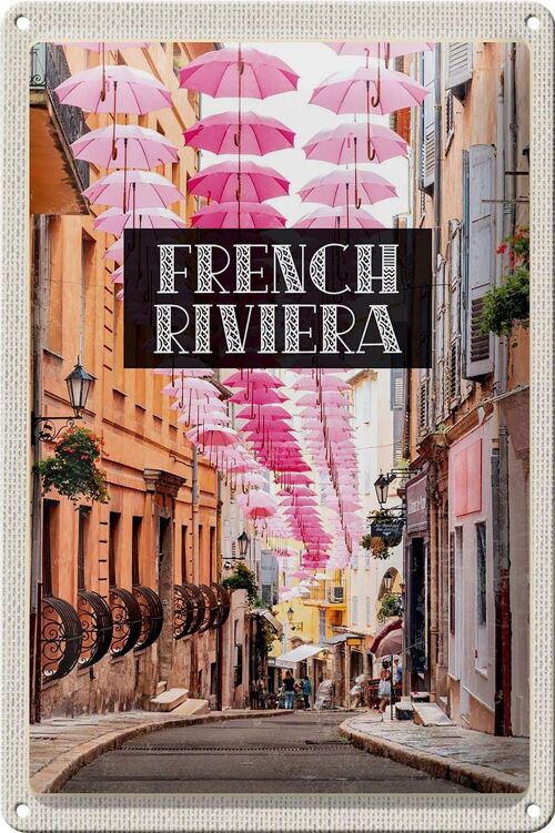 Blechschild Reise 20x30cm French riviera rosa Schirm Altstadt