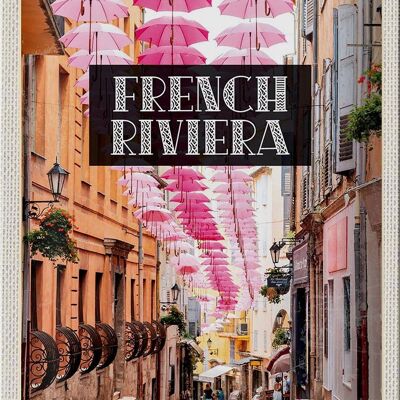 Cartel de chapa viaje 20x30cm Riviera Francesa paraguas rosa casco antiguo