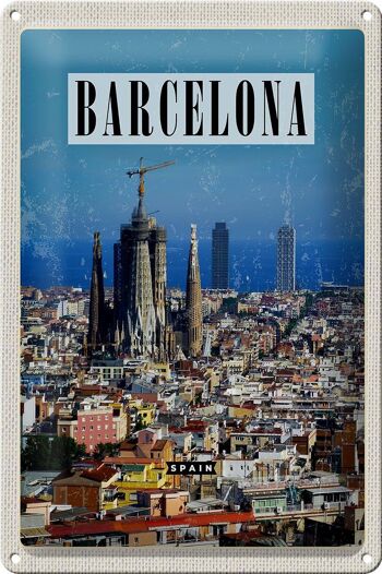Plaque en tôle voyage 20x30cm Barcelone Espagne vue sur la ville 1