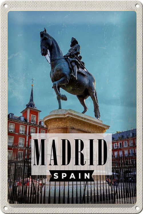 Blechschild Reise 20x30cm Madrid Spanien Pferd Reiter Skulptur