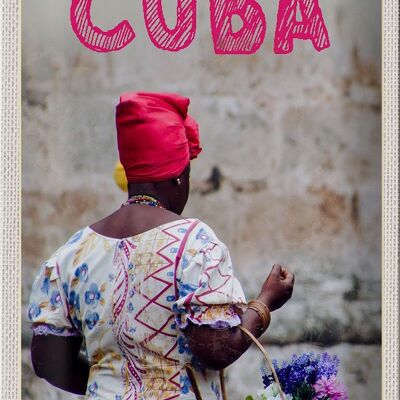 Cartel de chapa viaje 20x30cm Cuba Caribe mujer cesta con flores