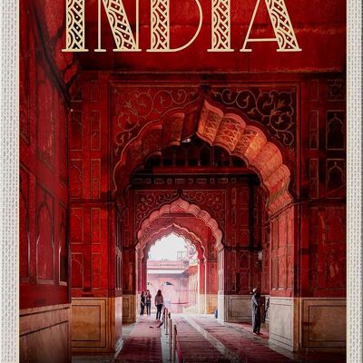Cartel de chapa de viaje, 20x30cm, India, mezquita interior, rojo, oración, Islam