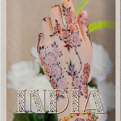 Cartel de chapa de viaje, 20x30cm, India, Henna, mano, tradición, flor