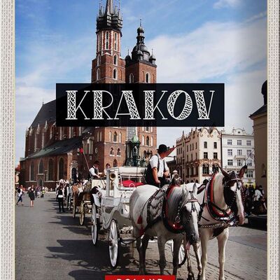 Cartel de chapa de viaje, 20x30cm, Cracovia, Polonia, caballo, centro de la iglesia