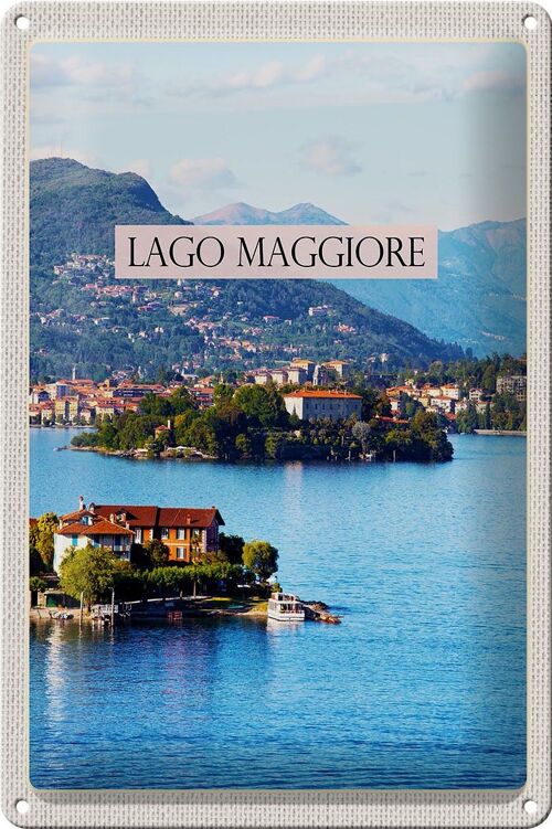 Blechschild Reise 20x30cm Lago Maggiore Aussicht auf Insel Meer