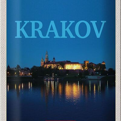 Cartel de chapa de viaje, 20x30cm, Cracovia, Polonia, noche, lago de cerezos