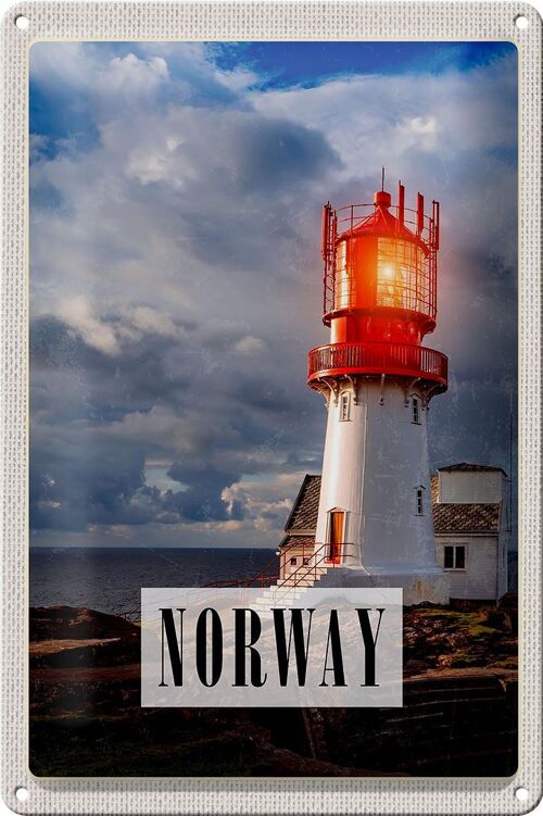 Blechschild Reise 20x30cm Norwegen Leuchtturm Gewitter Meer