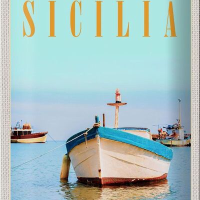 Cartel de chapa de viaje, 20x30cm, Sicilia, Italia, barco, orilla, playa, mar