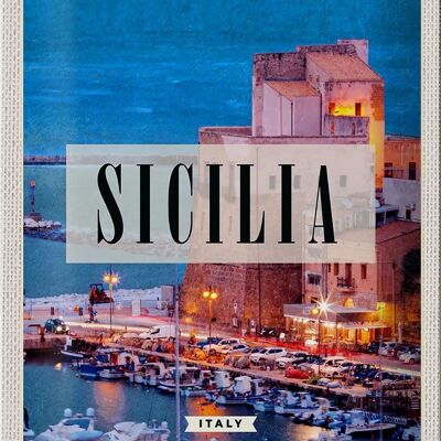 Cartel de chapa viaje 20x30cm Sicilia vista nocturna de la costa en barco