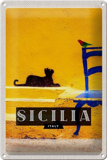 Signe en étain voyage 20x30 Sicile Italie image pittoresque chat 1