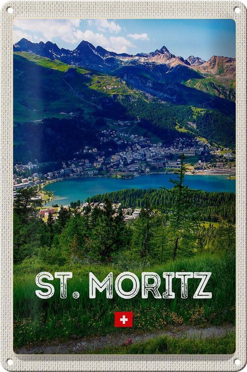 Blechschild Reise 20x30cm St. Moritz Schweiz Ausblick Panorama See Berge