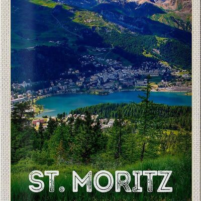 Blechschild Reise 20x30cm St. Moritz Schweiz Ausblick Panorama See Berge