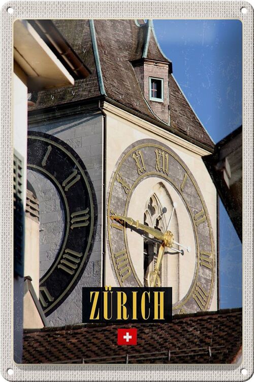 Blechschild Reise 20x30cm Zürich Kirchenuhr Gold Architektur
