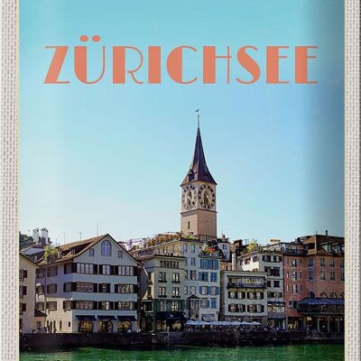 Plaque en tôle voyage 20x30cm Zurich Suisse vue sur le lac et la ville