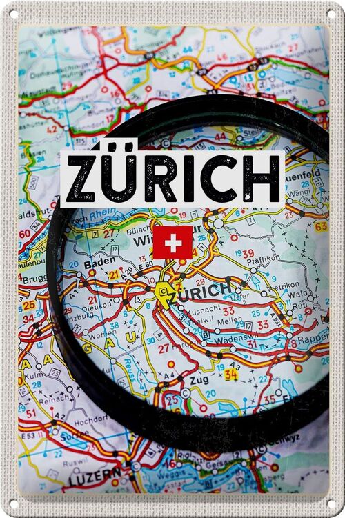Blechschild Reise 20x30cm Zürich Schweiz Karte Lupe Stadt