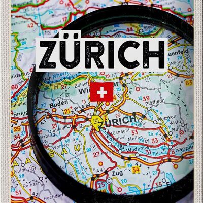 Targa in metallo da viaggio 20x30 cm Zurigo Svizzera Mappa Lente d'ingrandimento Città