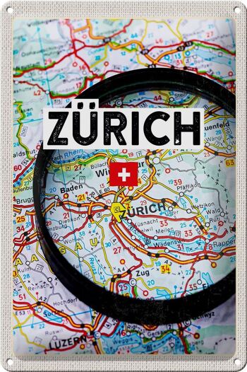 Signe en étain voyage 20x30cm Zurich Suisse carte loupe ville 1
