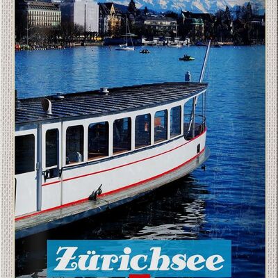 Cartel de chapa de viaje, 20x30cm, Zúrich, barco, lago, ciudad, montañas