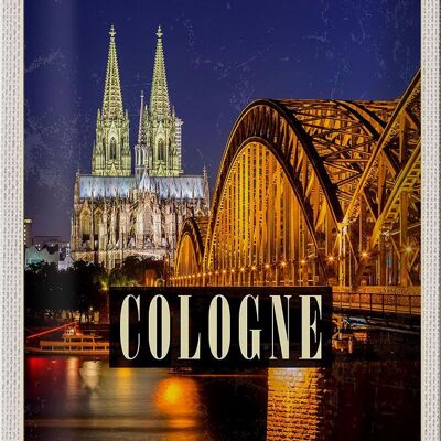 Blechschild Reise 20x30cm Köln Brücke Stadt Dom Abend Lichter