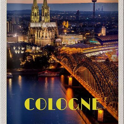 Panneau de voyage en étain, 20x30cm, ville de Cologne, vue du soir, pont, cathédrale
