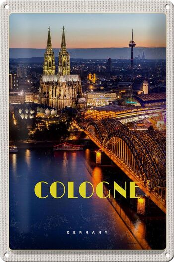 Panneau de voyage en étain, 20x30cm, ville de Cologne, vue du soir, pont, cathédrale 1