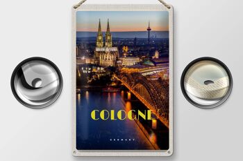 Panneau de voyage en étain, 20x30cm, ville de Cologne, vue du soir, pont, cathédrale 2