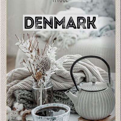 Blechschild Reise 20x30cm Dänemark weiß Teekanne gemütlich Decke