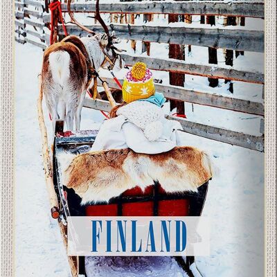 Targa in metallo da viaggio 20x30 cm Finlandia neve bambino slitta con cervi