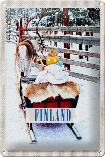 Panneau en étain voyage 20x30cm, Finlande, neige, enfant, cerf, traîneau 1