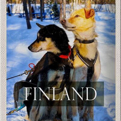 Blechschild Reise 20x30cm Finnland Schnee Winterzeit Wald Hunde