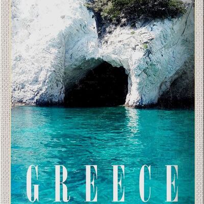 Cartel de chapa de viaje, 20x30cm, Grecia, mar, playa, cueva de piedra, vacaciones