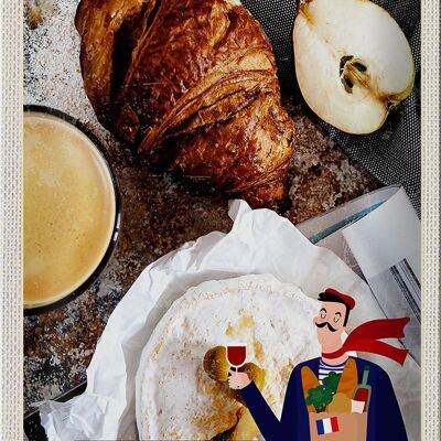 Cartel de chapa de viaje, 20x30cm, Francia, café, croissant, pera