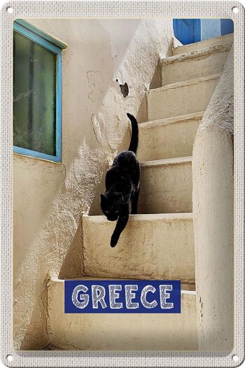 Panneau en étain voyage 20x30cm Grèce Grèce escaliers blancs chat 1