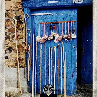 Cartel de chapa de viaje 20x30cm España conchas puerta azul bastón