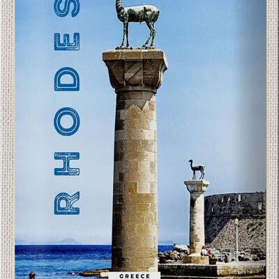 Cartel de chapa de viaje, 20x30cm, Grecia, Rodas, escultura del mar