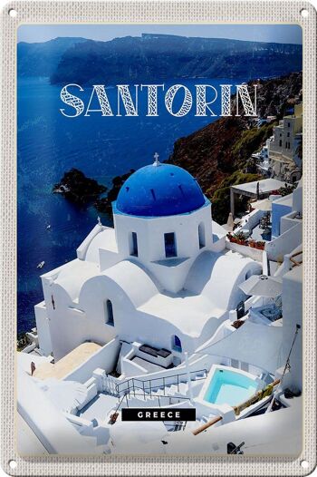 Plaque en tôle voyage 20x30cm Santorin Grèce bâtiment blanc bleu 1