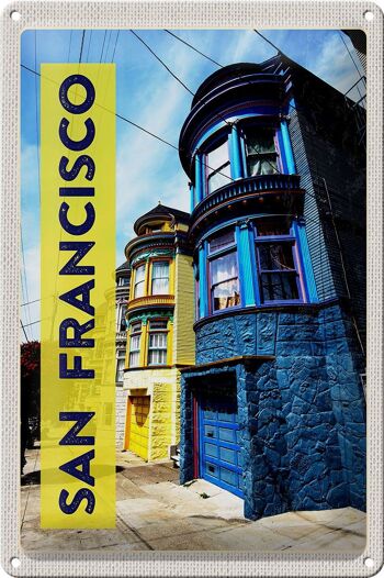 Plaque en tôle voyage 20x30cm San Francisco America maisons bleu jaune 1