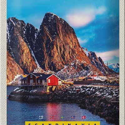Cartel de chapa viaje 20x30cm Escandinavia montañas mar casas rojas