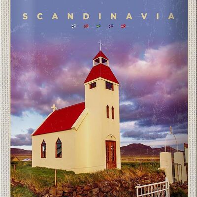 Cartel de chapa viaje 20x30cm Escandinavia casa techo rojo prado naturaleza